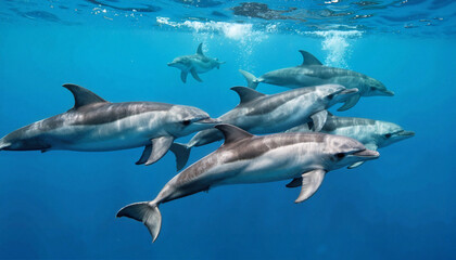 Fototapeta premium Dolphins swimming playfully in clear blue water