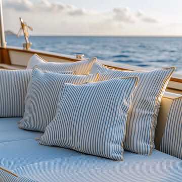 cushions in a nautical style, on the deck of a boat, at sunset, no people,