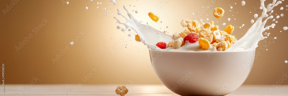 Aufkleber Milk splashing in a white bowl filled with cereal and raspberries, creating a dynamic and appetizing scene against a warm background, ideal for food and beverage promotions