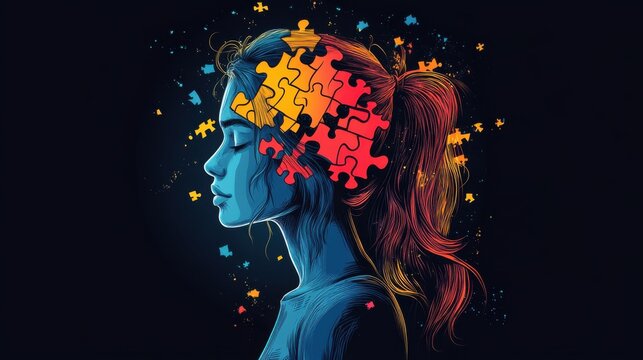 woman with a puzzle brain. Colorful illustration. Creative concept of poster, cover. Generative AI.