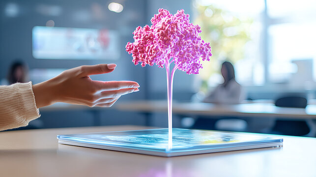 World Cancer Day research campaign concept. A hand interacts with a glowing holographic tree displayed on a tablet.