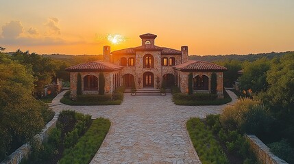 Naklejka premium Villa Sunset: Majestic Estate at Golden Hour