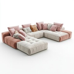 U-shaped sectional sofa with various cushions in muted pink and beige tones.