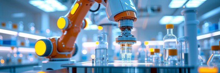 Selective focus on robotic arm in advanced pharmaceutical laboratory for virus research and vaccine development .