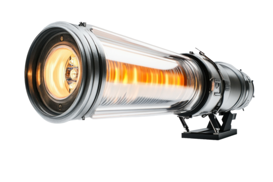 Industrial spotlight with transparent housing designed for outdoor events and stage lighting applications