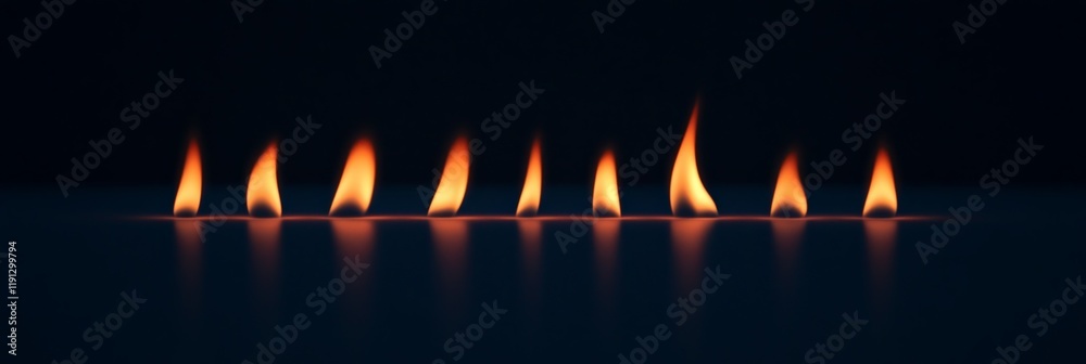 Poster eight small flames flicker on a reflective dark surface, casting a warm, inviting glow that dances i
