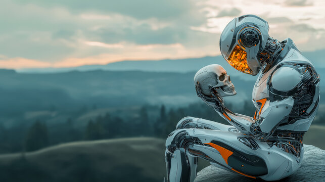 A humanoid robot sits on the edge of a cliff, holding a human skull in its hands and thoughtfully examining it, copy space about philosophical thoughtfulness and the development of technology