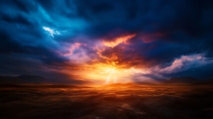 Fototapeta premium Fiery Sunset with Lightning Storm over Dramatic Landscape