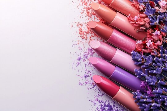 Lipstick bullets in soft shades of baby pink lavender and peach are arranged in semi circle on clean white background creating modern and stylish beauty display