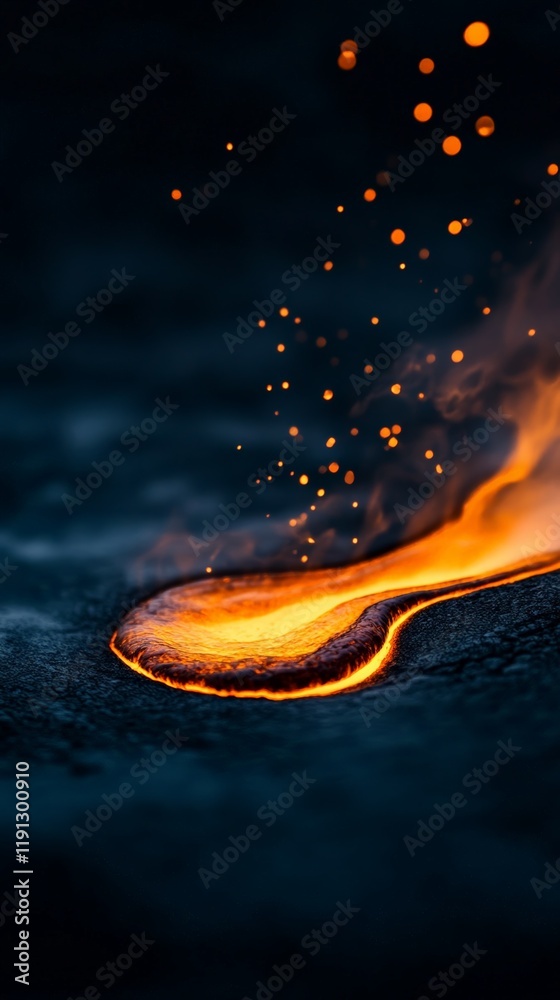 Poster mesmerizing close up view capturing the incandescent glow of molten lava flowing across the dark, te
