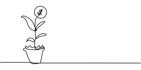 Money Tree Continuous Line Icon, Money plant in continuous line drawing. Growing coin tree symbol and finance investment increase concept in simple linear style. Editable stroke. Vector illustration. 