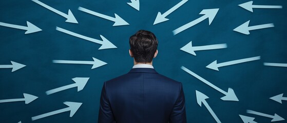 A businessman standing against a blue wall with multiple arrows pointing in different directions, symbolizing decision-making, choices, and career paths in the modern corporate wor