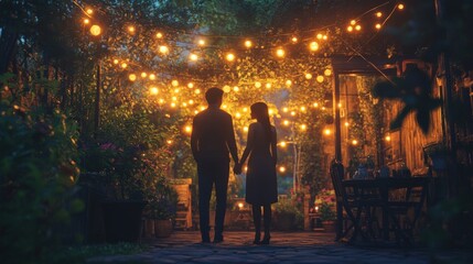 Fototapeta premium Couple Walking Through Night Garden Under String Lights
