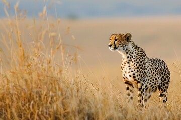 Naklejka premium A graceful cheetah moves effortlessly through the serene grasslands of Africa, embodying beauty and power