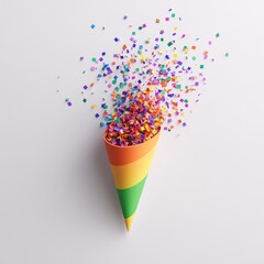 Rainbow confetti cone exploding on white background.