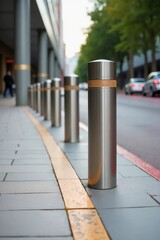 Stainless steel bollards lining a clean walkway in an urban setting. The modern design emphasizes pedestrian safety, footpath organization, and durable functionality.