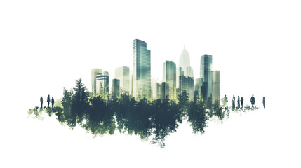 Obraz premium a Minimalist double exposure of a forest and city skyline with people isolated on a transparent background 