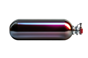 Metallic gas cylinder with a shiny surface and valve, used for storing various gases in different industries