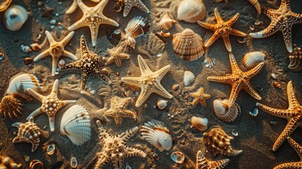 A Diverse Collection of Starfish and Shells on Sandy Shore