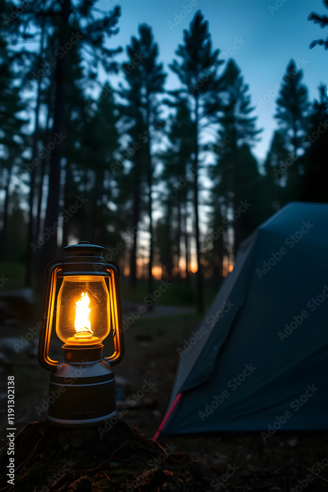 Wall mural a warm lantern glows softly in a serene forest campsite, illuminating the surrounding nature and a n