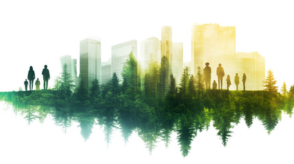 Fototapeta premium a Minimalist double exposure of a forest and city skyline with people isolated on a transparent background 