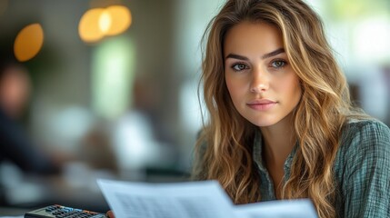Female Auditor Standing at Desk with Documents and Calculator