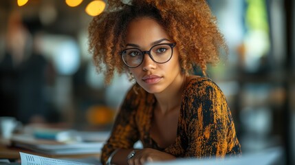 Female Auditor Reviewing Documents with Glasses in Modern Office