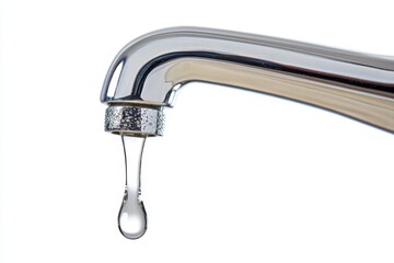 Sink faucet dripping with the water drop. A drop of water drips from a leaky faucet. Bathroom metal tap isolated on transparent white background with Falling water drop close up. Droplet. Copy space