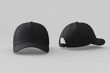 Black baseball cap mockup, front & back view, studio, apparel design