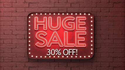 Huge Sale 30% Off Neon Sign on Red Brick Wall