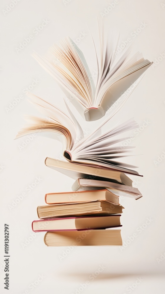 Aufkleber Stacking closed hardcover books levitating in the air, with two open books floating above and fluttering pages, creates a captivating visual of reading's magic