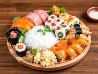 Assorted fresh sushi and maki rolls on a wooden platter, gourmet, food, wooden platter
