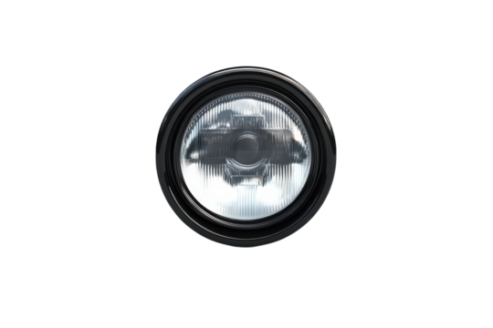 Round automotive headlight with a clear lens for enhanced visibility during nighttime driving