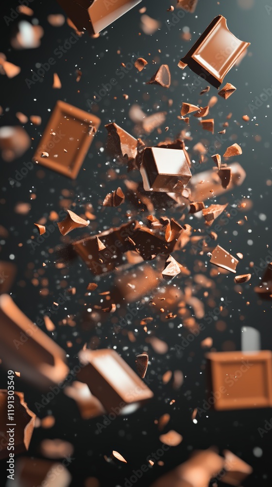 Poster Many delicious milk chocolate pieces are exploding on a dark background, creating a visually appealing and dynamic scene perfect for advertising or promoting chocolate products