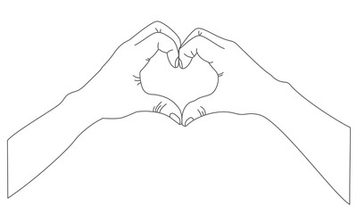 Fototapeta premium Vector illustration of two hands forming a heart shape, black outline on white background, perfect for projects dedicated to love, relationships and romantic themes.