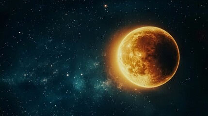 Naklejka premium A large yellow moon is in the sky with many stars. The moon is surrounded by a dark blue sky