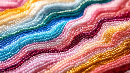 Close up view of intricate bead embroidery showcasing vibrant colors and patterns in a creative workspace during crafting session
