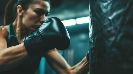Person in boxing stance delivering a powerful punch to heavy bag