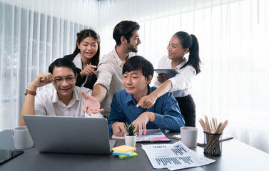 Data analysts team of office worker collaborate on business intelligence BI dashboard to analyze financial, trend, and marketing data. BI software utilization drive business success. Prudent