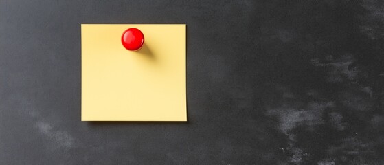 A close-up of a yellow sticky note with a red thumbtack on a textured black surface. Ideal for reminders, organization, or creative brainstorming in a professional setting.