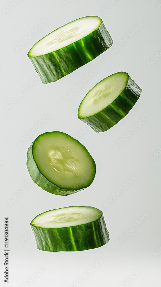 Aufkleber Four slices of fresh cucumber are levitating against a minimalist white backdrop, creating a visually appealing display of healthy, refreshing ingredients