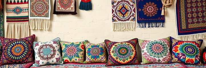 Colorful bohemian style bedroom with vibrant eclectic decor, showcasing cultural art and textiles including colorful rugs, pillows, and wall hangings, cultural, patterns, pillows