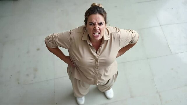 angry swearing woman looking and threatening at camera