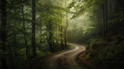 Obraz premium Winding Road Through Dense Forest Inviting Adventure and Discovery