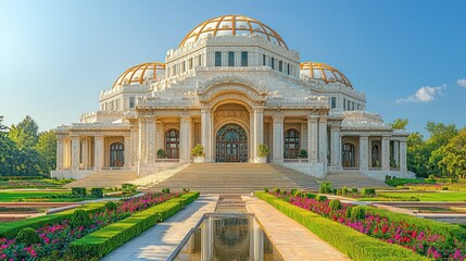 Grand architectural structure with lush gardens.