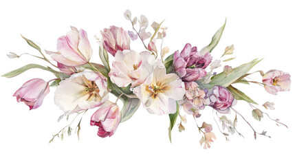 Bouquet of flowers painted with watercolor transparent background