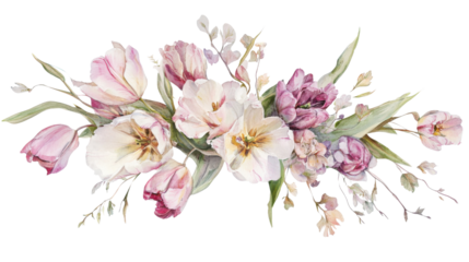 Bouquet of flowers painted with watercolor transparent background