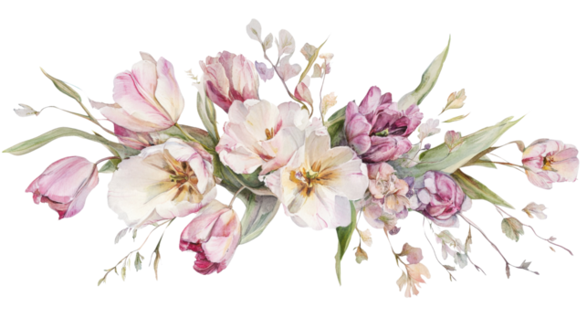 Bouquet of flowers painted with watercolor transparent background