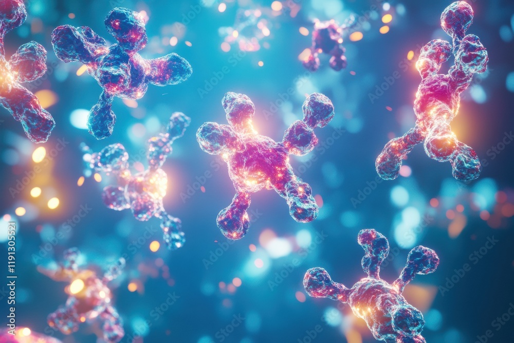 Aufkleber glowing viruses under attack by antibodies in a vibrant microscopic environment full of life. genera