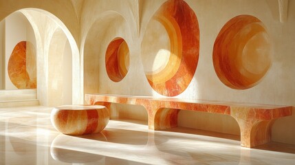 Modern interior with orange-toned sculptural furniture.
